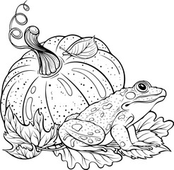 Autumn composition frog sitting near pumpkin with fallen leaves. Halloween concept. side view. Vector illustration in hand drawn sketch style. Line art isolated on white for coloring book, print