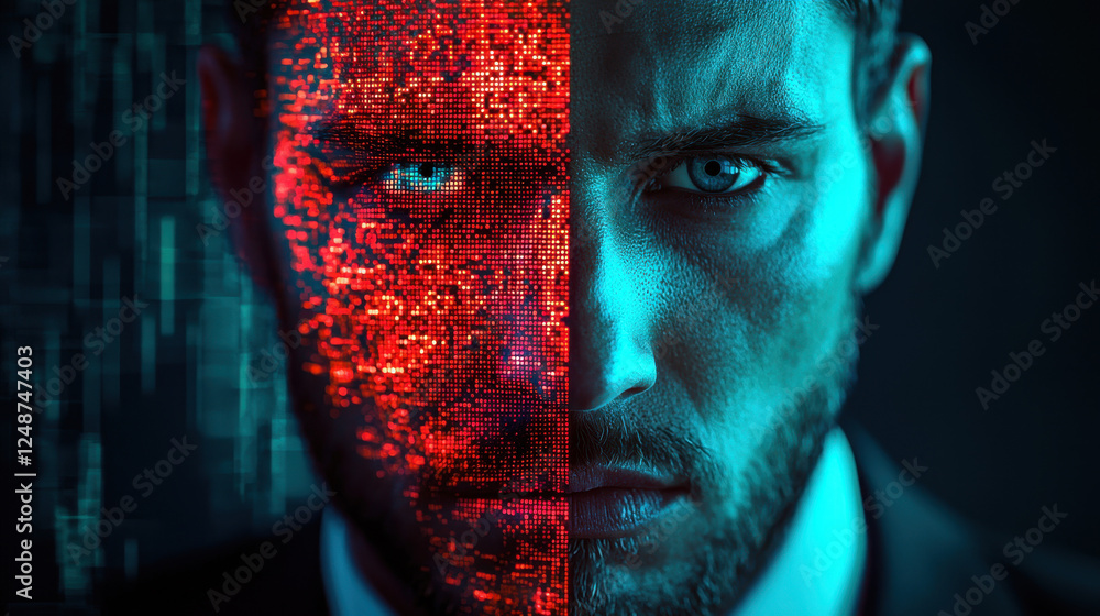 Poster businessman experiencing a cybernetic identity crisis in a high-tech environment with a holographic 