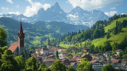 Obraz premium The picturesque town of Appenzell, nestled among rolling hills and towering peaks, offering Swiss culture and natural beauty.