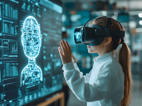 Advanced Classroom Technology Featuring a primary school student wearing VR headsets in futuristic classroom with AI-Powered Large Monitors Assisting Students - Powered by Adobe