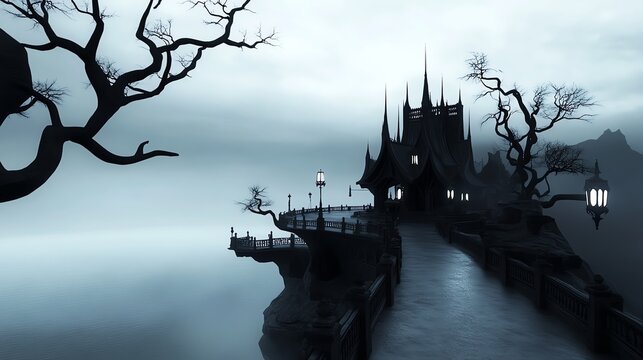 Gothic theme park, dark fantasy setting, eerie yet elegant design, 3D illustration