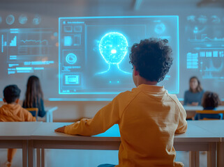 Primary School Student in an Orange Sweatshirt Sitting in a Futuristic Classroom with AI-Powered Large Monitors and Surrounded by Fellow Students