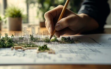Fototapeta premium A realistic hand sketching a sustainable blueprint with renewable energy grids, ecoarchitecture, and innovative conservation methods, photorealistic, soft natural tones