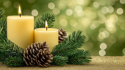 Elegant Christmas Candle Decoration, Festive Holiday Arrangement with Pinecones and Fir Branches, Glowing Warm Candlelight, Cozy Winter Atmosphere, Peaceful Holiday Ambience, Bokeh Lights
