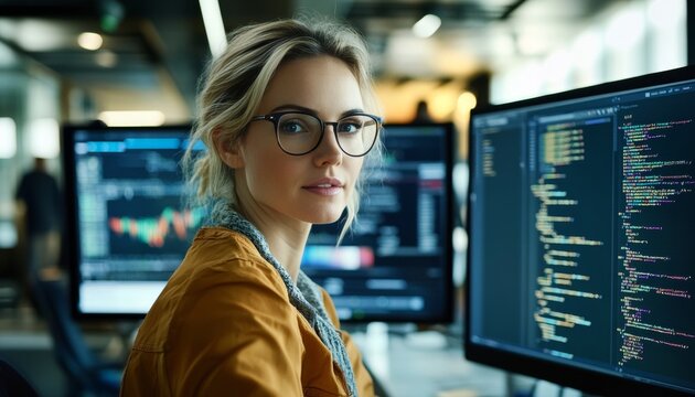 Confident Female Programmer Focused on Software Development, Working with Code on Computer Screen