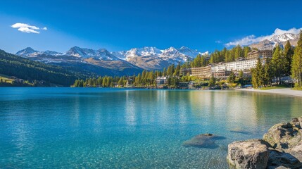Obraz premium The serene St. Moritz with its turquoise lake, pristine mountains, and luxury resorts, perfect for both winter and summer getaways.