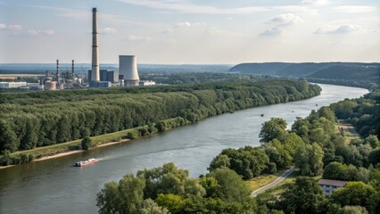 Obraz premium River adjacent to a coal-fired power plant surrounded by nature, nature, river, factory, coal power plant