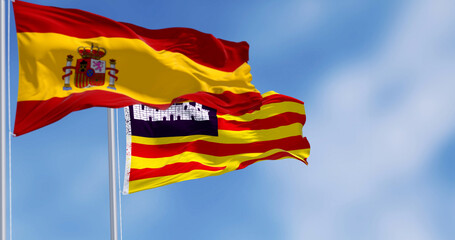 Close-up of the Balearic Islands flag waving in the wind