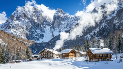 Traditional mountain chalets in the Italian Alps, set against a snowy backdrop with smoke rising from chimneys.