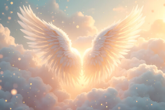 Pastel colored angel wings in the clouds - Rest in peace image - In loving memory - Anniversary Mass invitation - AI generated