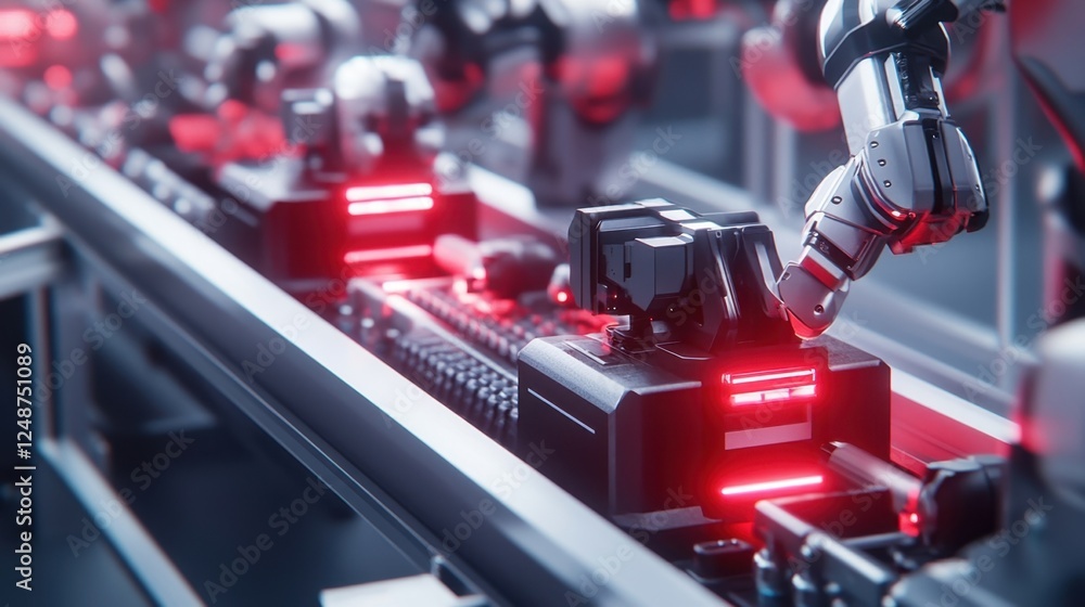 Poster advanced robotic arms operate on a production line, showcasing cutting edge technology in automated 