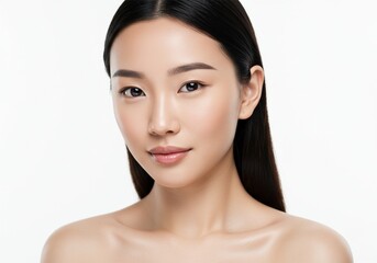 face portrait of beautiful young asian woman. white background. ai generative