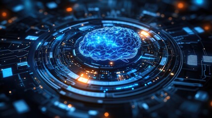 Futuristic digital brain surrounded by glowing circuits and technology elements in a cyber environment