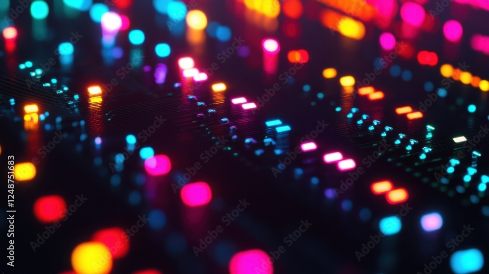 Poster colorful led lights illuminate a circuit board, showcasing a futuristic and dynamic representation o