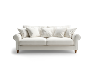 Modern White Sofa with Plush Cushions isolated cutout on transparent background