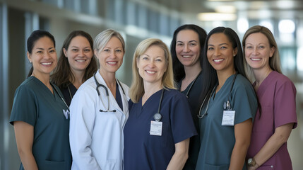A team of female doctors and nurses smiling together, symbolizing empowerment, dedication, and equality in healthcare