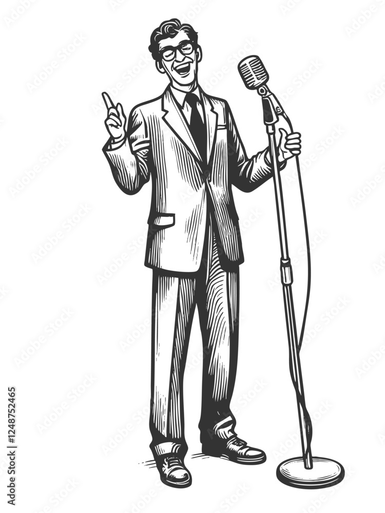 Aufkleber man in a suit performing stand-up comedy on stage, holding a classic microphone next to a stool sket