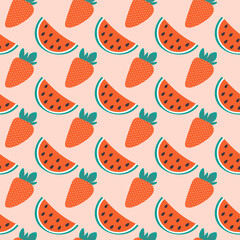 Strawberry with leaves and Watermelon slices with seed Seamless pattern Colorful background Texture