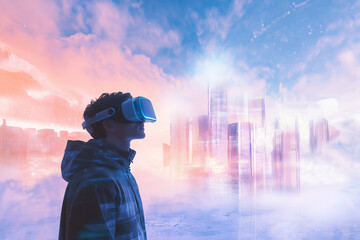 An individual immersed in a virtual augmented reality landscape, exploring futuristic environments, generative AI