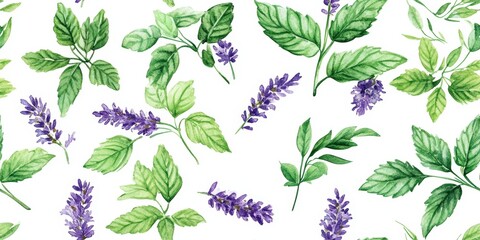 Watercolor Pattern Design Featuring Fresh Herbs and Spices with Detailed Leaves and Flowers in Vibrant Colors Ideal for Various Creative Projects