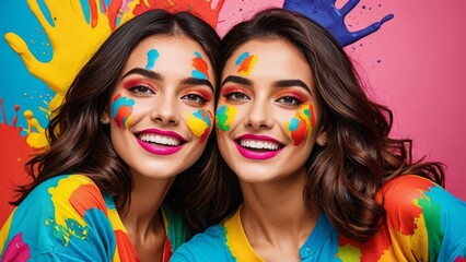 Fototapeta premium Two smiling women with colorful paint on their faces and clothes, set against a bright backdrop