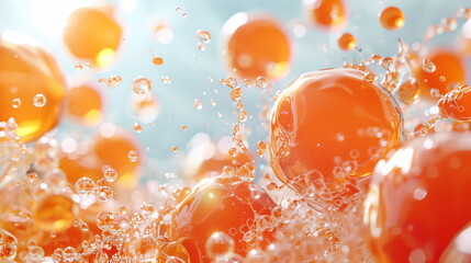 Fluid Splash of Golden Spheres and Bubbles Macro Shot with Artistic Bokeh Background Effects