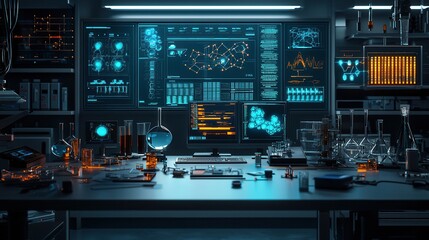 Obraz premium A high-tech workspace featuring advanced screens, data visualizations, and scientific equipment, ideal for research and analysis.
