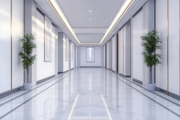modern minimalist banner display mockup in an elegant corporate hallway with marble floors, soft ambient lighting, and clean architectural lines
