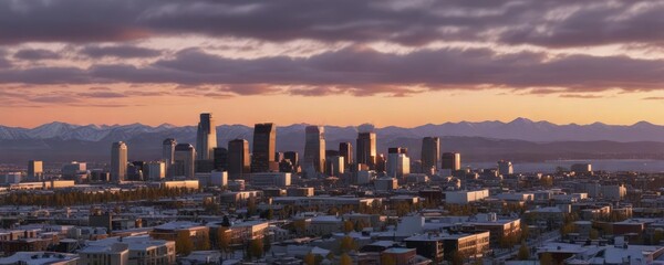 Fototapeta premium Panoramic view of the Anchorage Downtown Skyline at dawn or dusk, capturing the warm colors and soft light , Dusk, Warm Colors