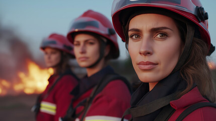 Fototapeta premium A strong and determined female firefighter standing with her team, ready to face any challenge, symbolizing bravery and resilience