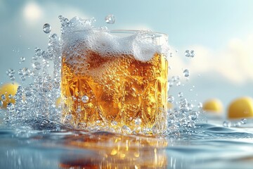 Golden Beverage Splash In Square Glass