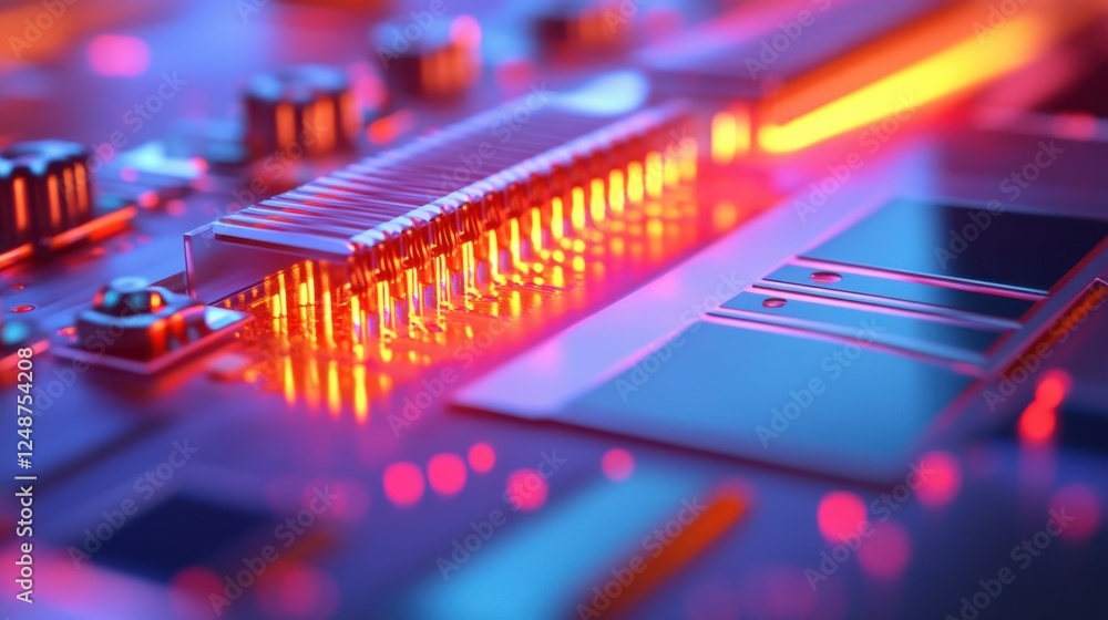Poster illuminated circuit board with glowing components highlights cutting edge technology and innovation 