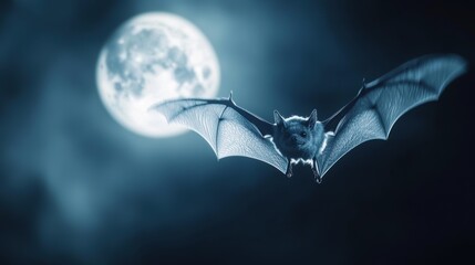 A bat soars against a luminous full moon, creating a mystical and haunting nighttime scene.