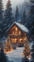 Naklejka premium Snowy Retreat: A Cozy Wooden Cabin in a Winter Forest