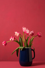 Beautiful pink terry tulips in a metal vintage blue jug