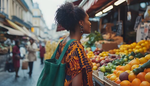 Woman shops at outdoor fruit market with tote bag