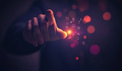 Fingertip touching glowing digital icons, dark background, futuristic concept, technology marketing