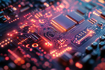 Microchip on a vibrant circuit board with glowing red and orange lights