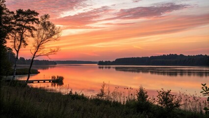 Softly glowing sunset over a serene lake, gentle hues, watercolor background, peaceful scene, serene landscape, calm surface