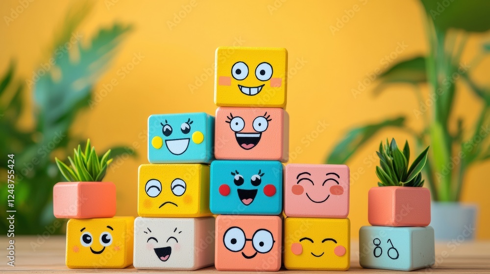 Poster joyful and radiant blocks with happy faces arranged in a stack against a bright background
