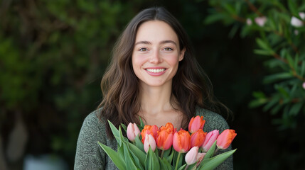 Fototapeta premium A beautiful young woman holding a bouquet of vibrant tulips, symbolizing joy, femininity, and International Women's Day