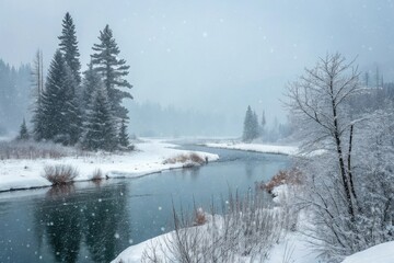 Softly falling snow covering the winter river landscape, snow, serene, peaceful, falling, landscape