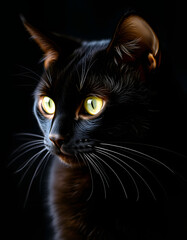 black cat portrait with green eyes side view on black background close up, macro, retro style. with white shades