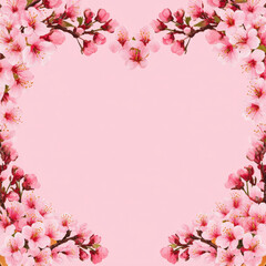 Obraz premium Heart shaped cherry blossom arrangement on pink background