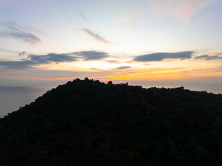 Aerial view sunset or sunrise sky over sea with mountains
