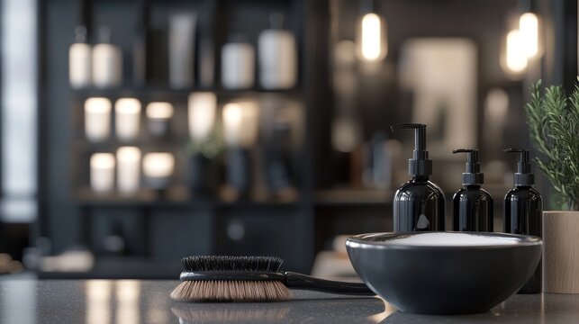 Modern spa station with toiletries. Clean, minimalist display. Possible use in wellness or beauty product catalog