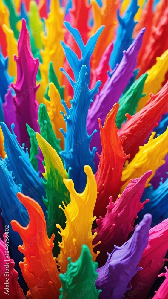 Poster a vibrant array of colorful paint splashes in dynamic shapes, creating an energetic visual display