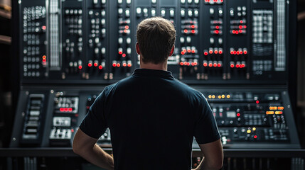 Man stands before a large control panel with lights and buttons, facing the complex array of technology with a sense of focus and purpose.
