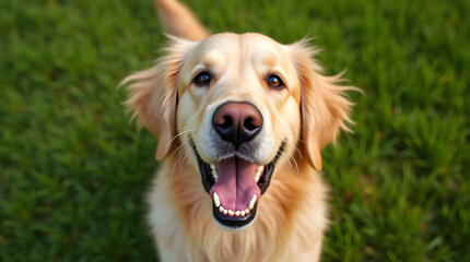 Happy Golden Retriever Dog Portrait: Smiling Pet with Open Mouth on Green Grass Background, Cute Canine Friend, Stock Photo