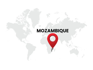 World map with country  Mozambique on White Background. Mozambique Highlighted with Location Symbol. Vector Illustration of Map and Pin Location of Mozambique Country.